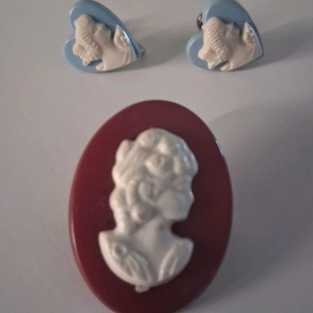 Vintage Cameo Brooch And Earings, 1950S